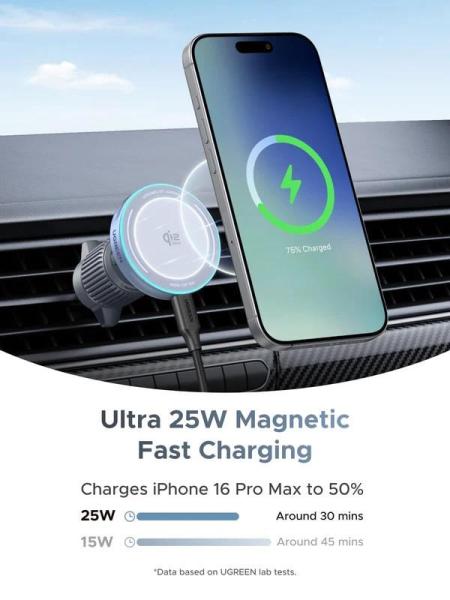 UGREEN magnetická bezdrátová nabíječka do auta MagFlow Qi2 25W,  MagSafe,  stříbrná4