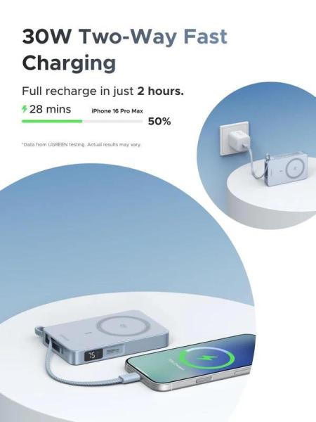 UGREEN magnetická powerbanka MagFlow 10000mAh s diplejem,  Li-ion,  30W,  MagSafe,  2x USB-C,  stříbrná4