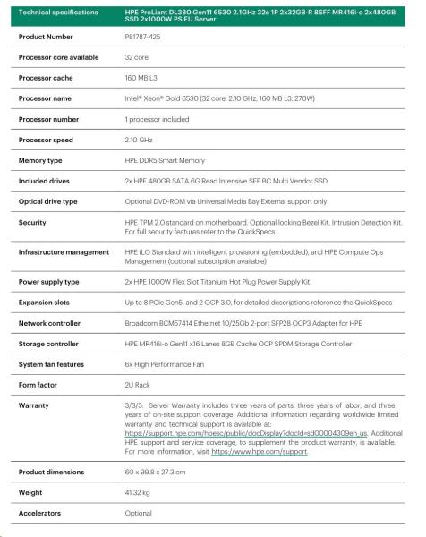 HPE PL DL380g11 6530 (32C) 64G 2x480G MR416 + VM Essentials 5y (S5Q83AAE) se slevou 50%2