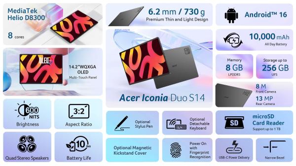 ACER Tablet Iconia Duo S14 (S14-11M-M7U3), Helio D8300 MT8792, 14.2"2.8K, 8GB, 256GB UFS, Android 16, Matte Black1