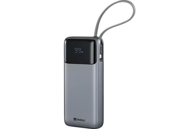 Sandberg All-in1 Powerbank 20000 mAh PD 67W, powerbanka s integrovaným USB-C káblom, čierna
