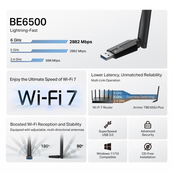 TP-Link Archer TBE400U Plus WiFi7 USB adapter (BE6500, 2, 4GHz/ 5GHz/ 6GHz, USB3.0)2