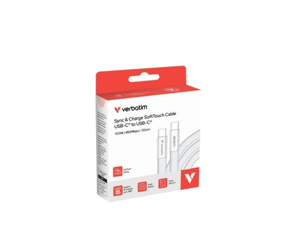 VERBATIM Kabel Sync & Charge SoftTouch USB-C,  100W,  120cm,  bílá2