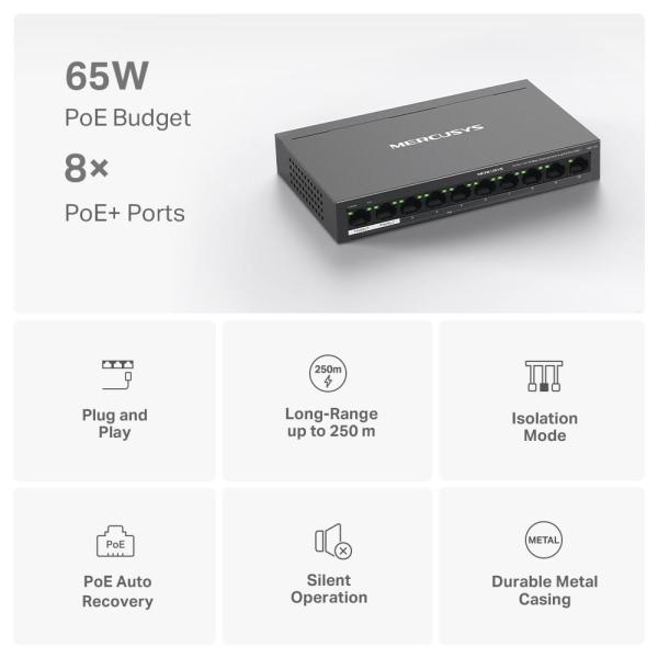 MERCUSYS switch MS110P (10x100Mb/ s, 8xPoE+, 65W, fanless)3
