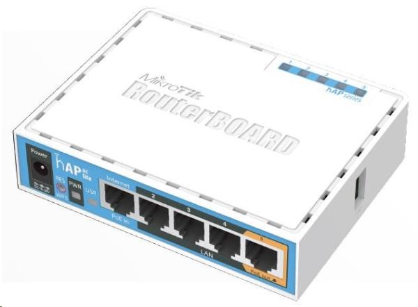 MikroTik hAP ac lite, 650MHz CPU, 64MB RAM, 5x LAN, 2.4 + 5GHz Wi-Fi 802.11b/g/n/ac, vrátane. L4