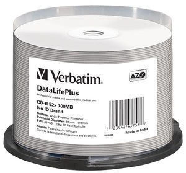 VERBATIM CD-R(50-pack) spindl,  AZO 52X, 700MB, WHITE WIDE THERMAL PRINTABLE SURFACE NON-ID