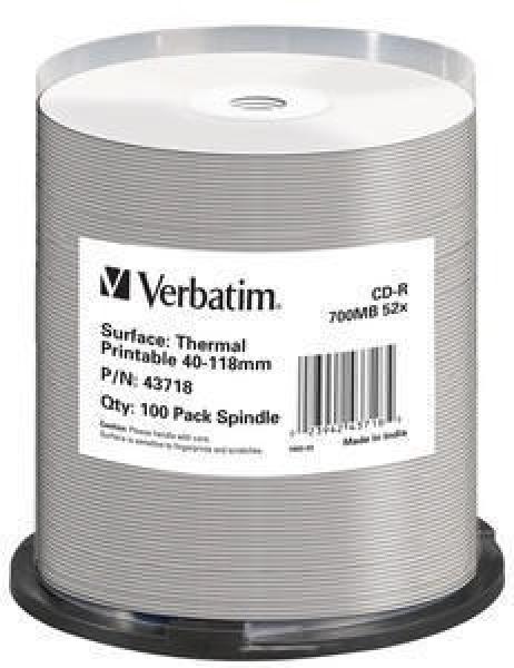 VERBATIM CD-R(100-Pack)Spindle/ AZO/ 52x/ 700MB/ Thermal Printable No ID Brand