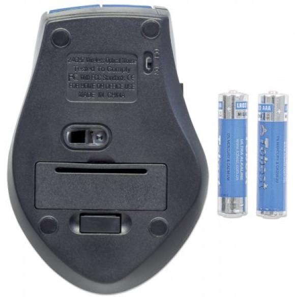 MANHATTAN Mouse Curve,  USB,  optická,  bezdrôtová,  5 tlačidiel,  1600 dpi,  modro-čierna3