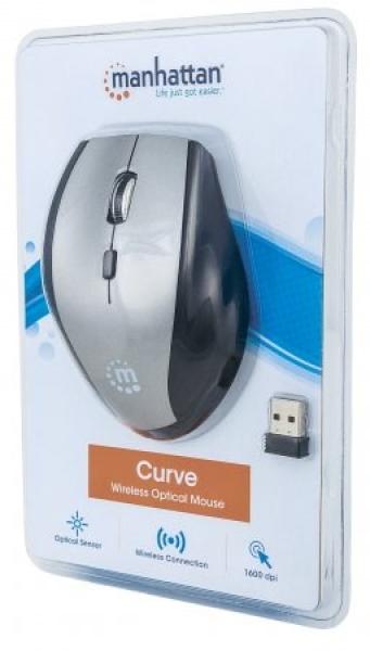MANHATTAN Mouse Curve,  USB,  optická,  bezdrôtová,  5 tlačidiel,  1600 dpi,  sivo-čierna5