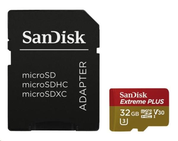 Karta SanDisk MicroSDHC 32GB Extreme PLUS (10MB/ s,  UHS-I V30,  Rescue Pro Deluxe) + adaptér