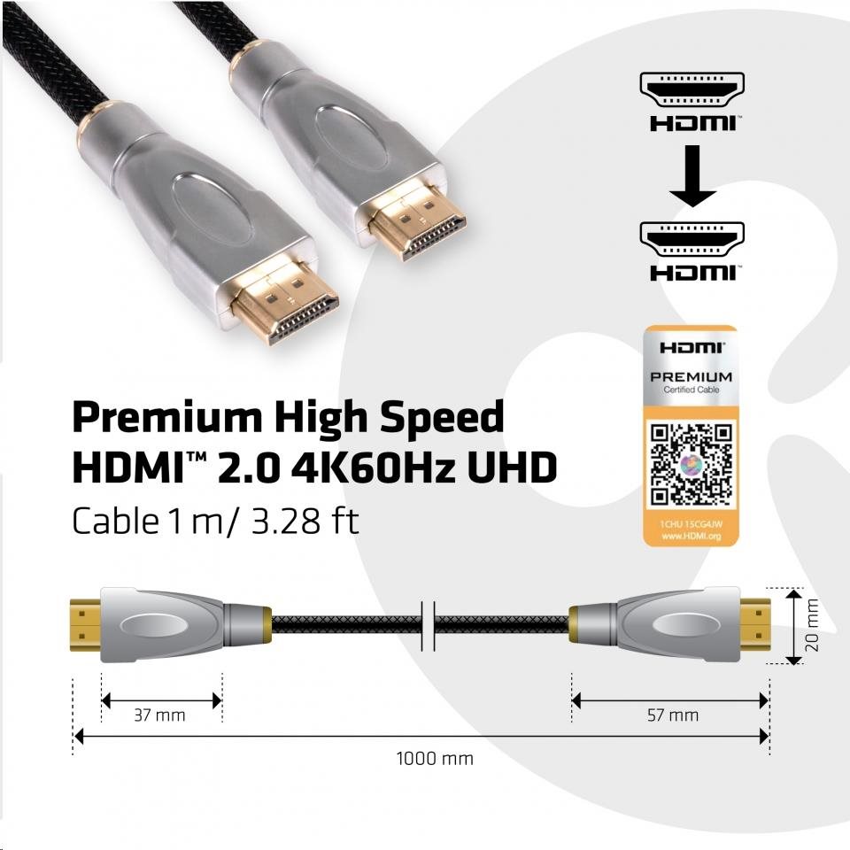 Club3D Kabel Certifikovaný HDMI 2.0 Premium High Speed 4K60Hz UHD,  1m6 