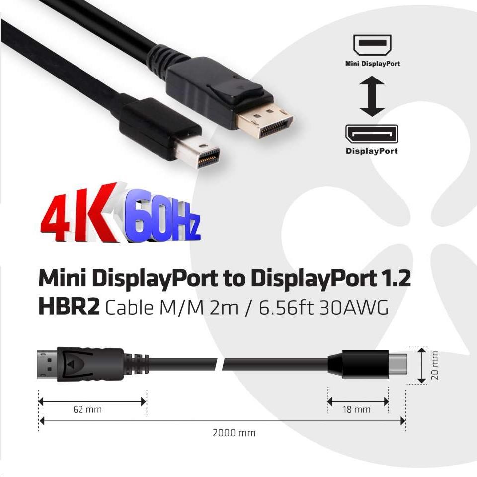 Kábel Club3D Mini DisplayPort na DisplayPort 1.2 4K60Hz UHD obojsmerný,  (M/ M),  2 m0 