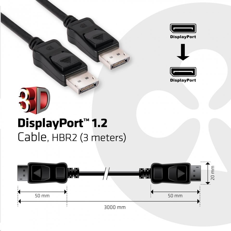 Club3D Kabel certifikovaný DisplayPort 1.2,  4K60Hz UHD (M/ M),  3m,  30 AWG2 