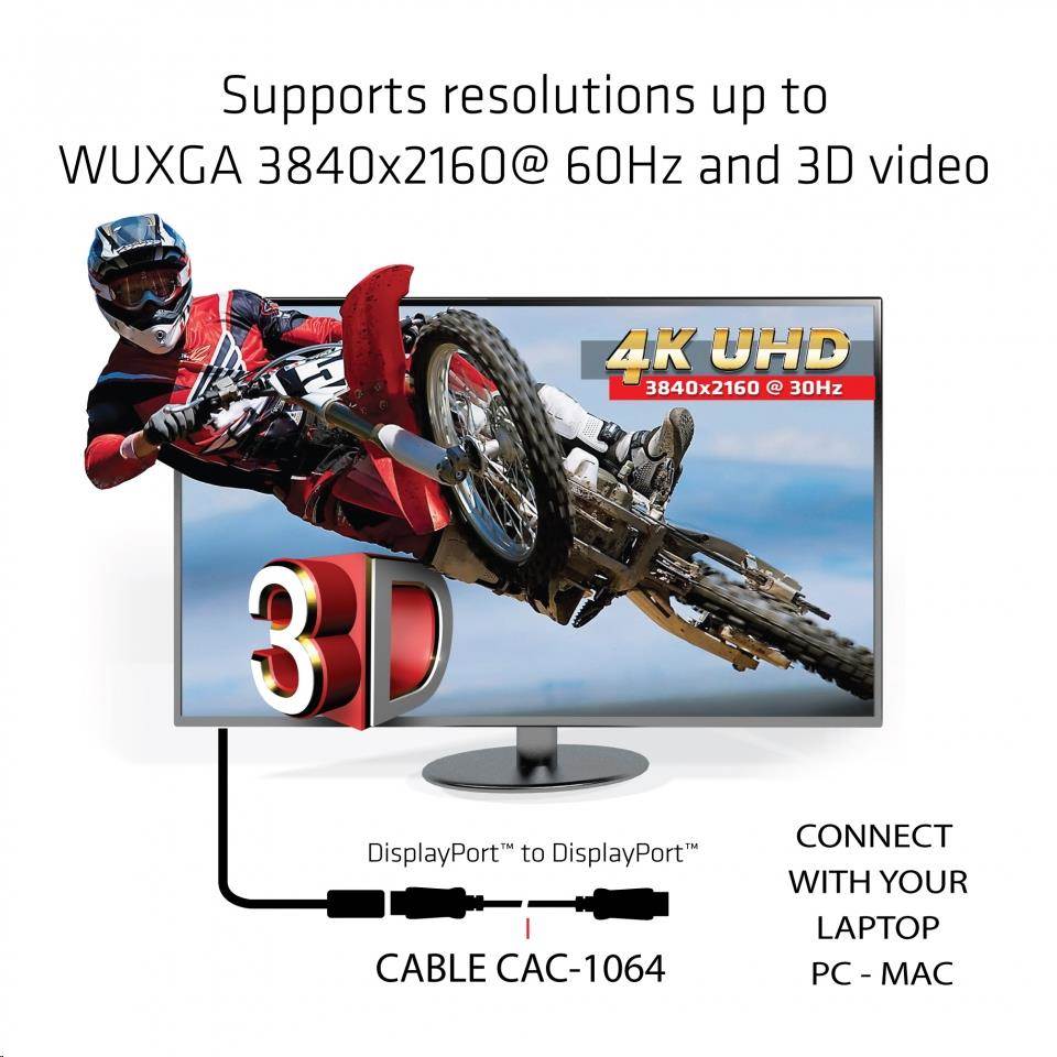 Club3D Kabel certifikovaný DisplayPort 1.2,  4K60Hz UHD (M/ M),  3m,  30 AWG4 