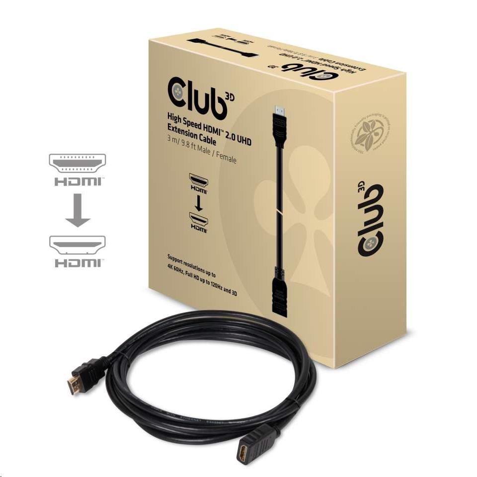 Predlžovací kábel HDMI Club3D 2.0,  4K60Hz UHD (M/ F),  3 m3 