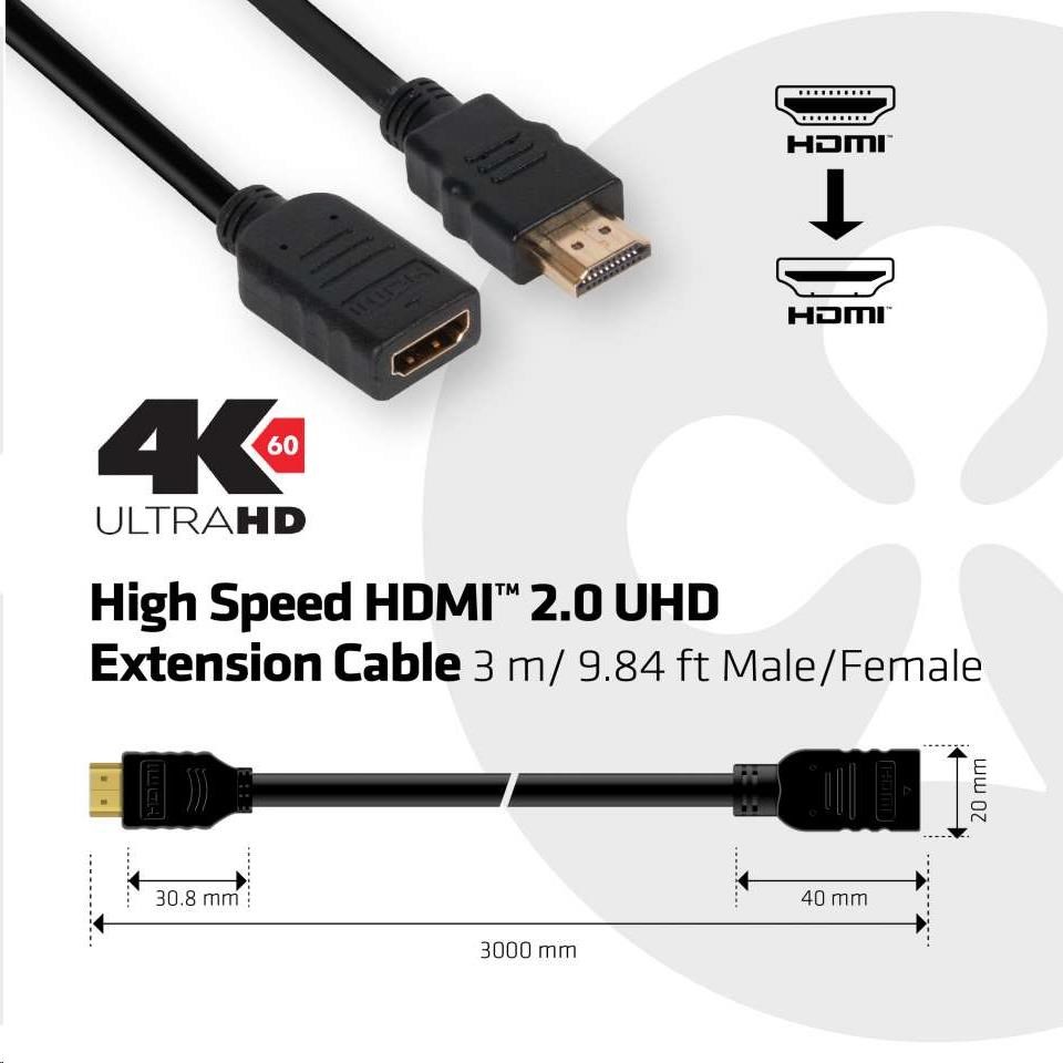 Predlžovací kábel HDMI Club3D 2.0,  4K60Hz UHD (M/ F),  3 m0 