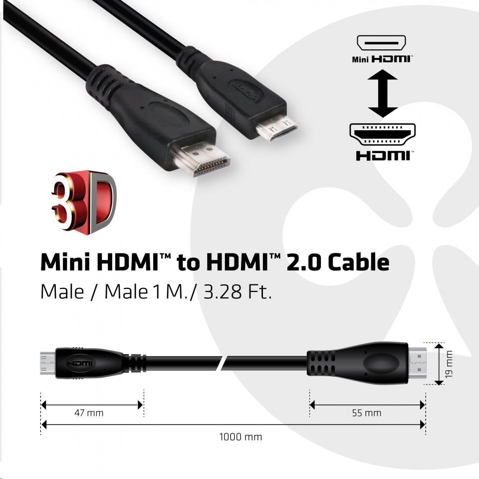 Kábel Club3D Mini HDMI na HDMI 2.0 4K60Hz UHD,  (M/ M),  1m1 