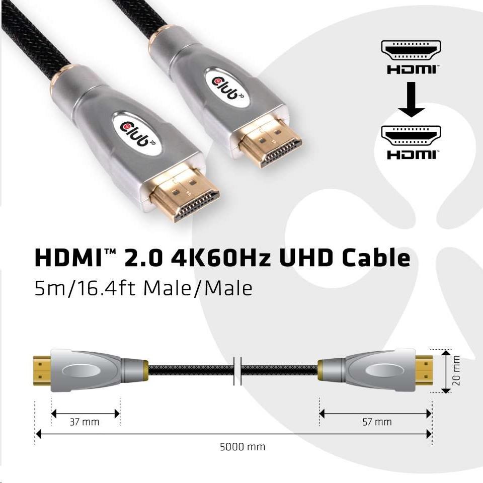 Kábel HDMI Club3D 2.0,  vysoká rýchlosť 4K60Hz UHD (M/ M),  5 m3 