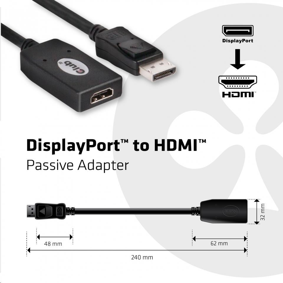 Club3D Pasívny adaptér DisplayPort 1.1 na HDMI 1.3 (M/F), 24cm1 