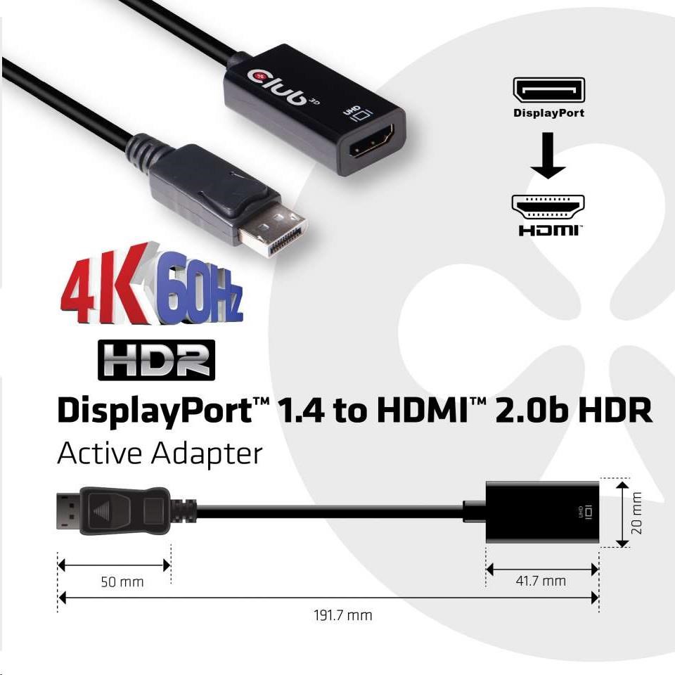Club3D Active DisplayPort adaptér 1.4 na HDMI 2.0b,  HDR,  19cm6 