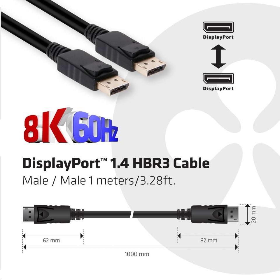 Club3D Certifikovaný Kabel DisplayPort 1.4 HBR3 8K60Hz (M/ M),  1m3 