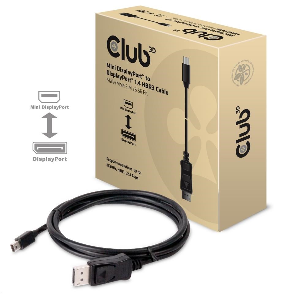 Club3D Adaptér mini DisplayPort 1.4 na DisplayPort 1.4, HBR3 8K60Hz/4K120Hz (M/M), 2m0 