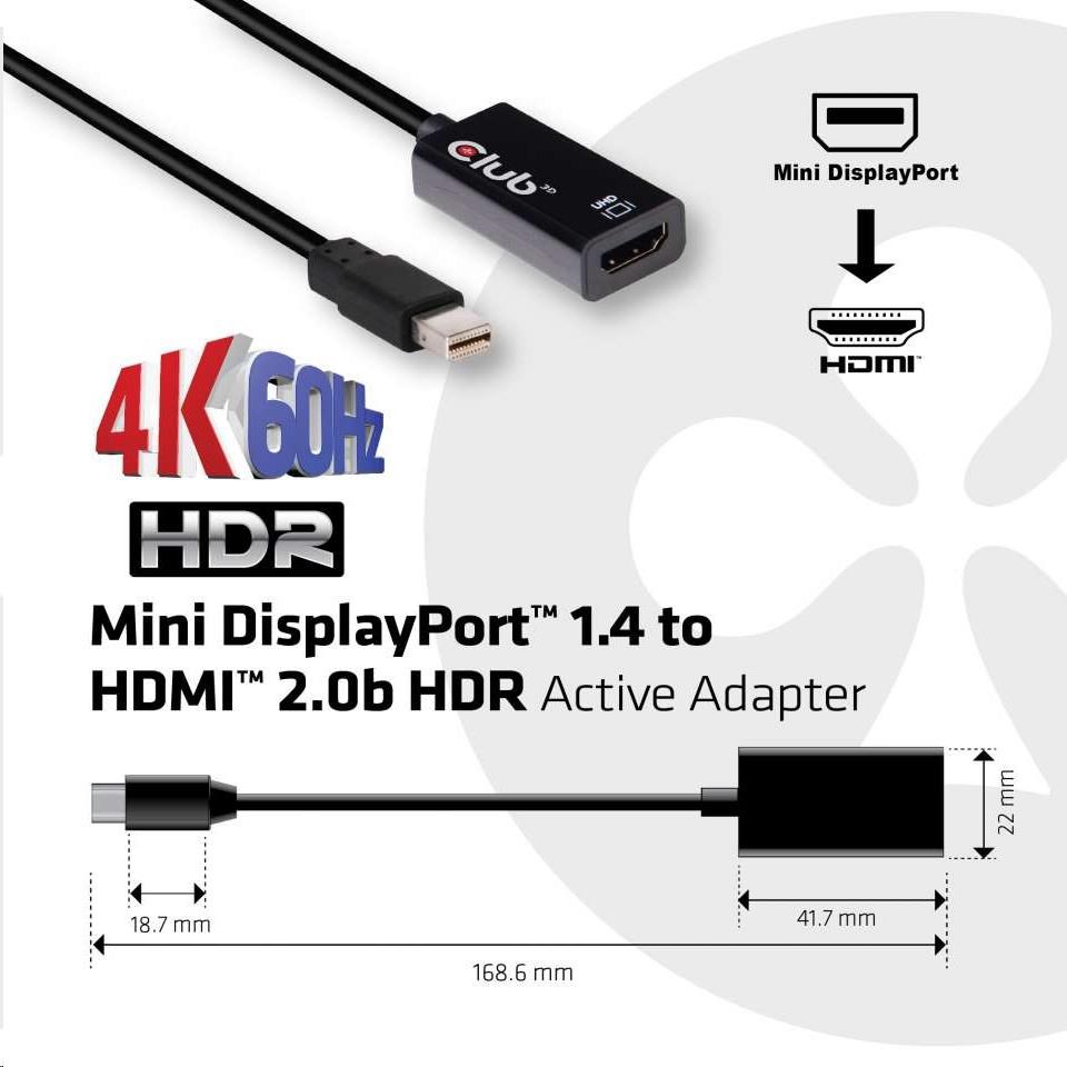 Club3D Adaptér aktívny mini DisplayPort 1.4 na HDMI 2.0b,  HDR (M/ F),  16cm3 