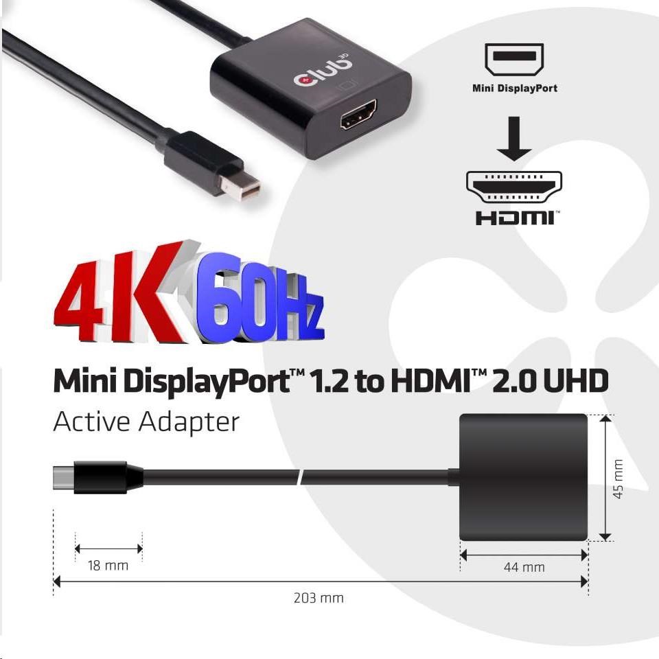 Club3D Adaptér aktívny mini DisplayPort 1.2 na HDMI 2.0 4K60Hz UHD,  (M/ F),  20 cm3 