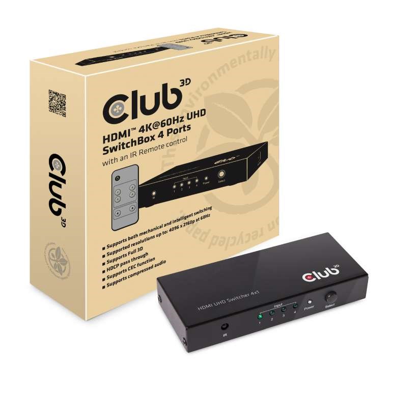 Club3D Video prepínač 4:1 HDMI 2.0 4K60Hz UHD,  4 porty1 