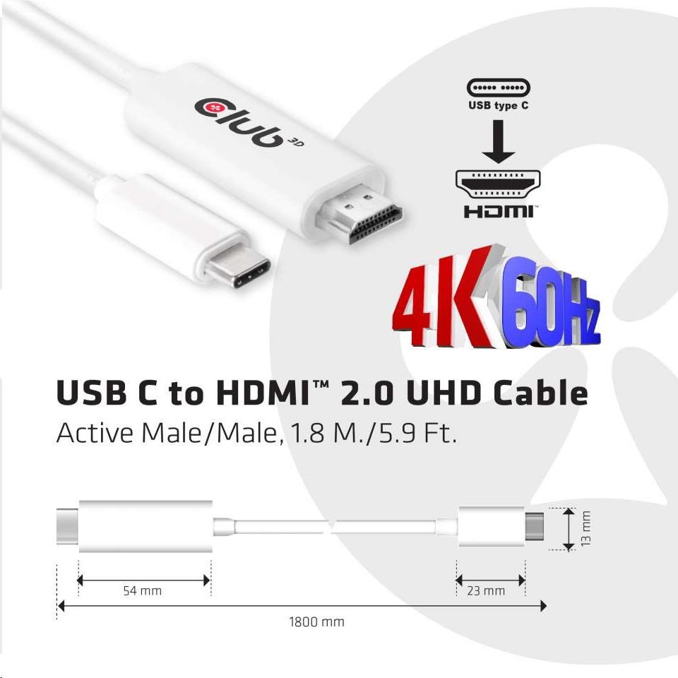 Club3D Active USB typu C na HDMI 2.0 4K60Hz UHD,  1, 8 m3 