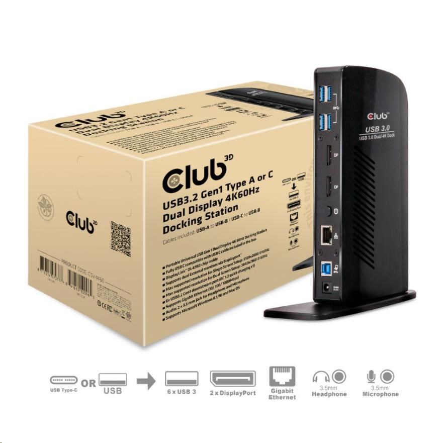 Club3D USB-A a USB-C Dual Display 4K60Hz Dokovacia stanica (6x USB 3.0/ 2x DP/ Ethernet/ USB-B/ 2x audio)0 