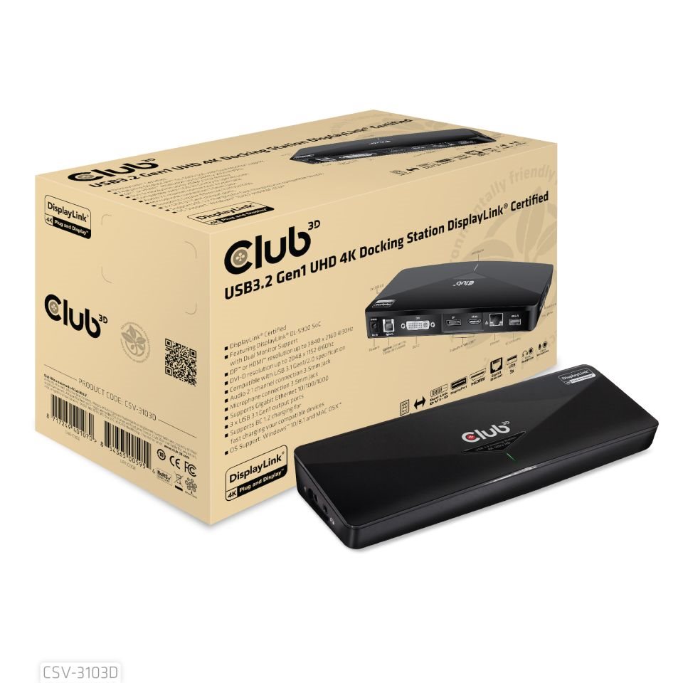 Club3D Dokovací stanice USB 3.2 Gen1 UHD 4K s certifikací DisplayLink®, 1xHDMI, 1xDP, 1xDVI-D1 