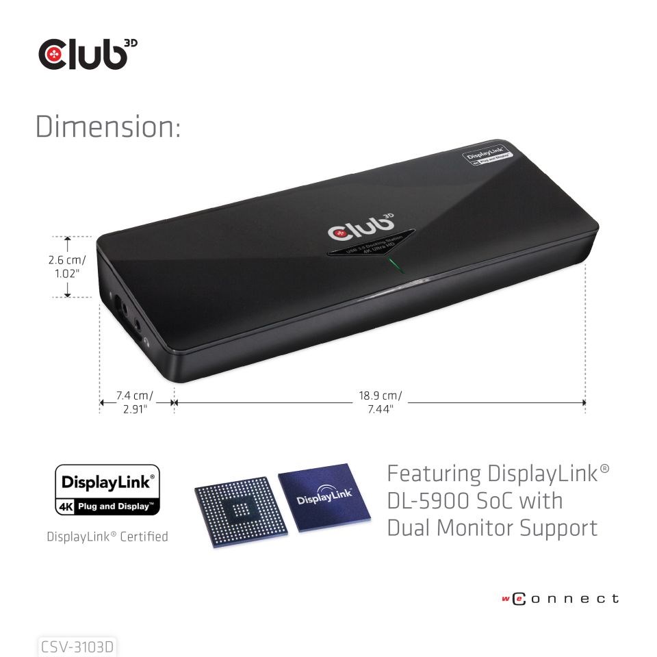 Club3D Dokovací stanice USB 3.2 Gen1 UHD 4K s certifikací DisplayLink®, 1xHDMI, 1xDP, 1xDVI-D2 