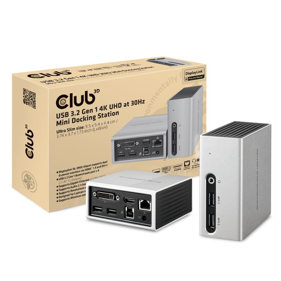 Club3D Mini dokovací stanice USB 3.2 4K30Hz UHD (HDMI/ DVI/ 4x USB 3.1/ Ethernet/ Audio) DisplayLink® Certified0 