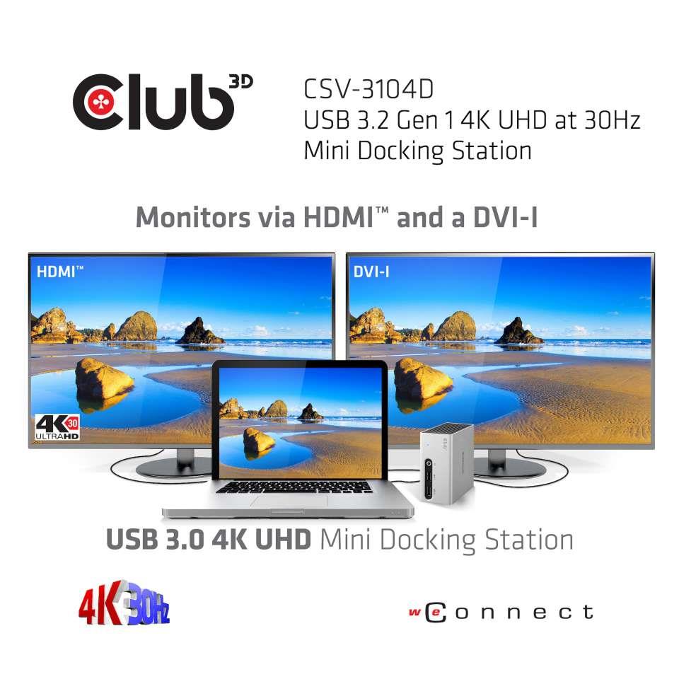 Club3D Mini dokovací stanice USB 3.2 4K30Hz UHD (HDMI/ DVI/ 4x USB 3.1/ Ethernet/ Audio) DisplayLink® Certified3 