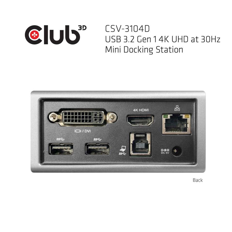 Club3D Mini dokovací stanice USB 3.2 4K30Hz UHD (HDMI/ DVI/ 4x USB 3.1/ Ethernet/ Audio) DisplayLink® Certified7 