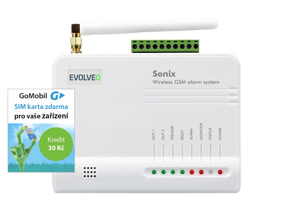 EVOLVEO Sonix - bezdrátový GSM alarm (4 ks dálk. ovl., PIR čidlo pohybu, čidlo na dveře/ okno, externí repro, Android/ iPhone0 