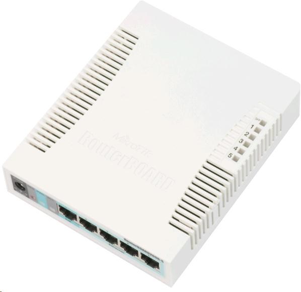MikroTik RouterBOARD RB260GS (CSS106-5G-1S),  procesor Taifatech TF470,  výkonný konfigurovateľný prepínač,  5x LAN,  1xSFP0 