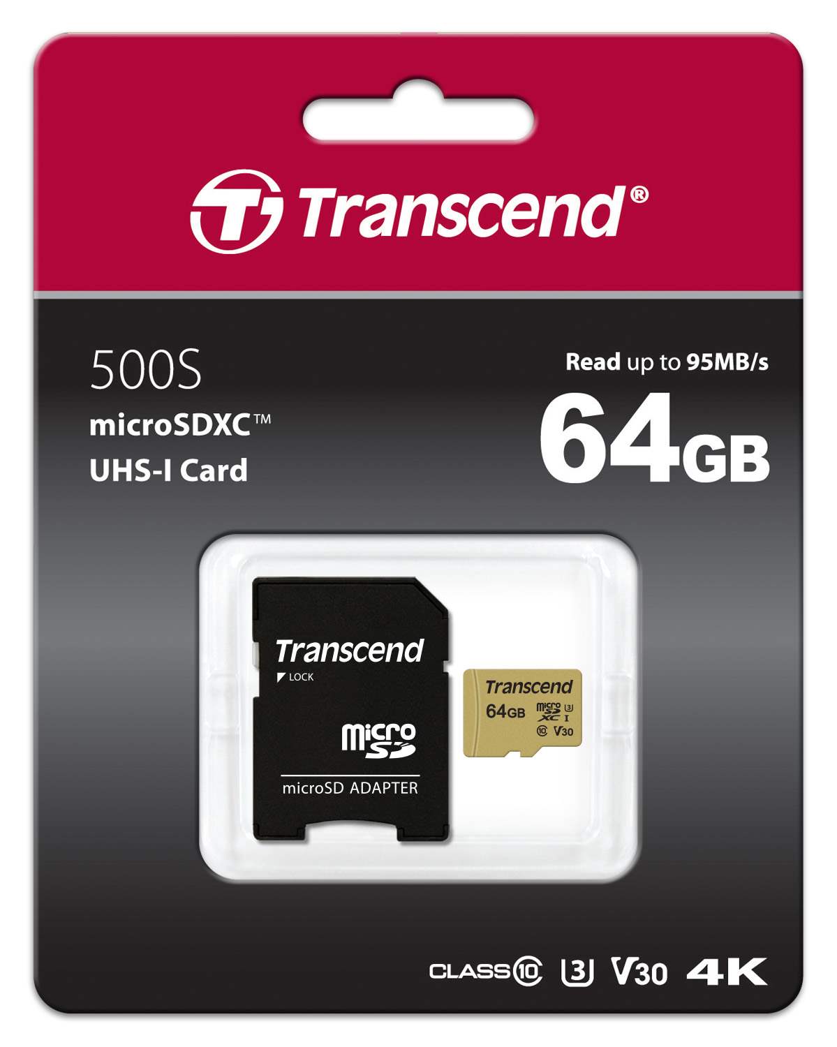Karta TRANSCEND MicroSDXC 64GB 500S,  UHS-I U3 V30 + adaptér1 