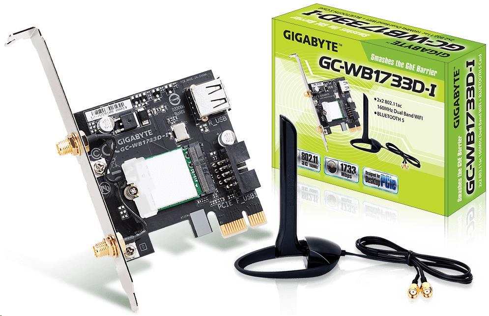 GIGABYTE GC-WB1733D-I, WiFi 802.11ac, Bluetooth 5, PCIe, Dual Band, 1734 Mb/s0 