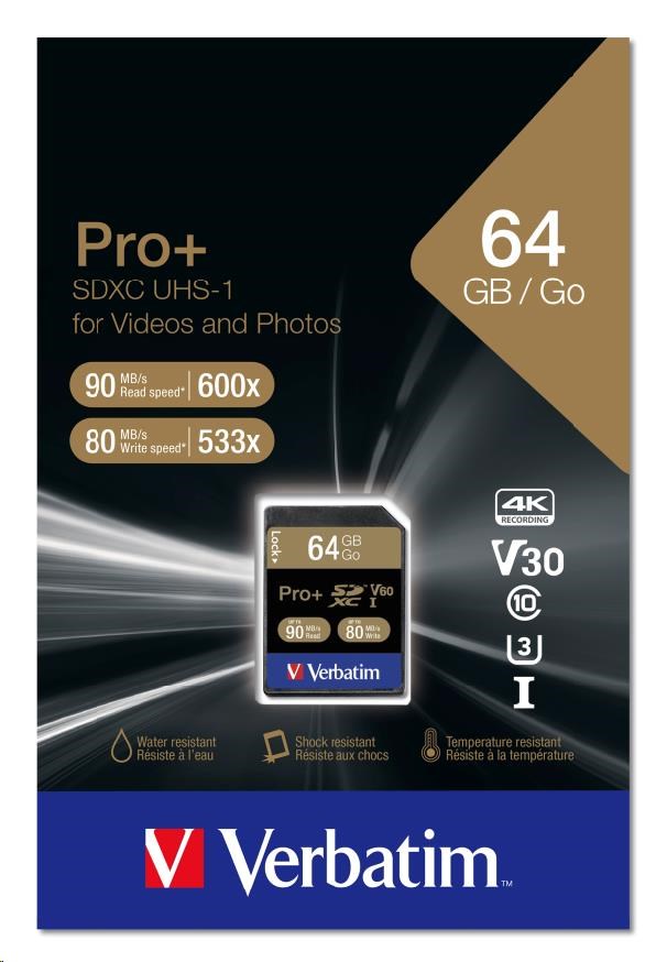 Karta VERBATIM SDXC 64GB PRO+ Class 10,  UHS-1 (R:90/ W:80 MB/ s)1 