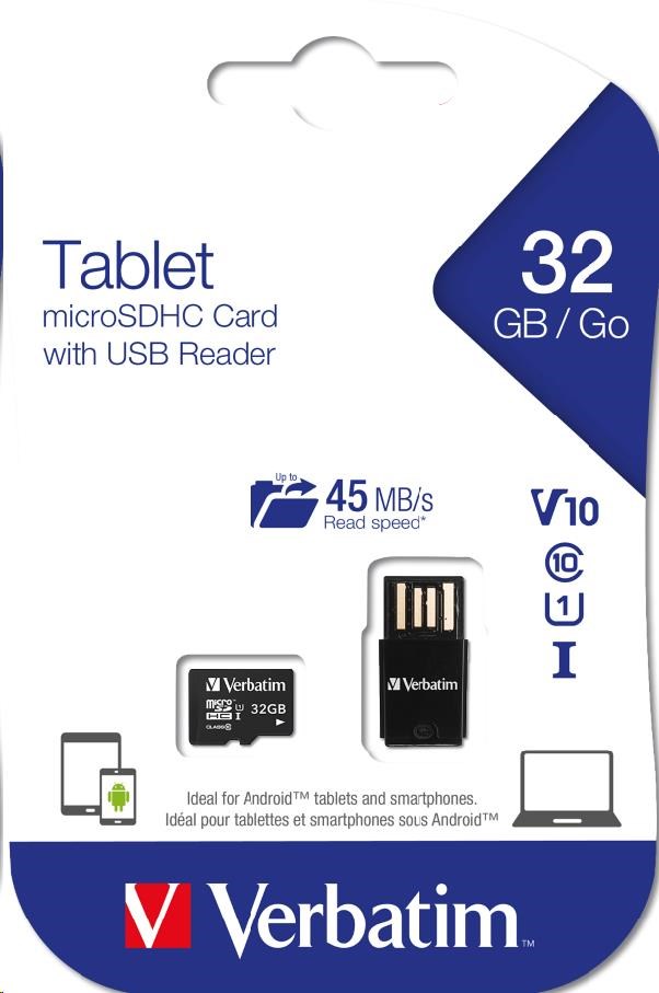 VERBATIM Tablet microSDHC C10/ U1 s USB čítačkou 32GB (R:45MB/ s,  W:10MB/ s)4 