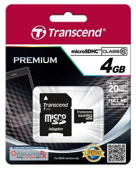 Karta TRANSCEND MicroSDHC 4GB Class 10 + adaptér2 