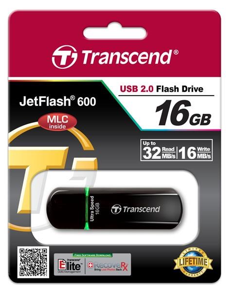 TRANSCEND Flash disk 16GB JetFlash®600,  USB 2.0 (R:32/ W:16 MB/ s) čierna/ zelená4 
