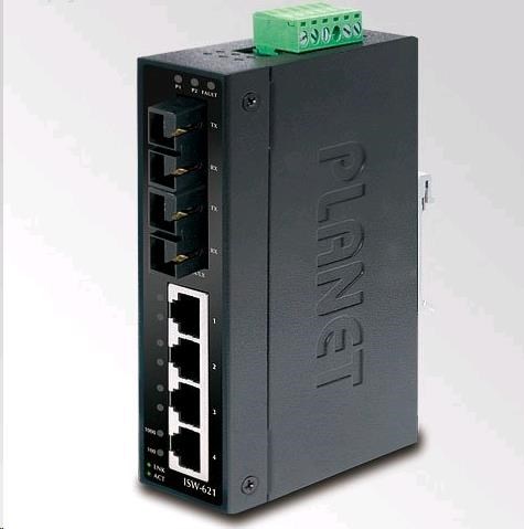 Planet switch ISW-621T,  průmysl.verze 4x10/ 100+2x100BaseFX (SC) MM 2km,  DIN,  IP30,  -40 až 70°C,  12-48V0 