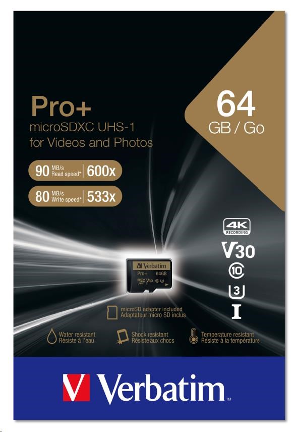 Karta VERBATIM MicroSDXC 64GB PRO+ Class 10,  UHS 1 (R:90/ W:80 MB/ s)0 