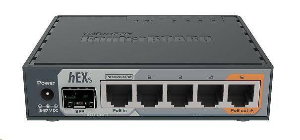 MikroTik RouterBOARD hEX S,  880MHz dvojjadrový CPU,  256MB RAM,  5x LAN,  1x SFP,  PoE in/ out,  USB,  microSD slot,  vrátane. 0 