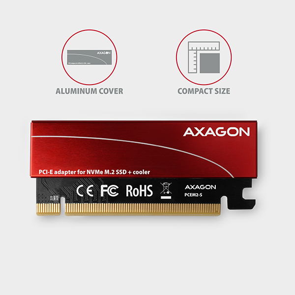 AXAGON PCEM2-S,  PCIe x16 - M.2 NVMe M-key slot adaptér,  kovový kryt pre pasívne chladenie2 
