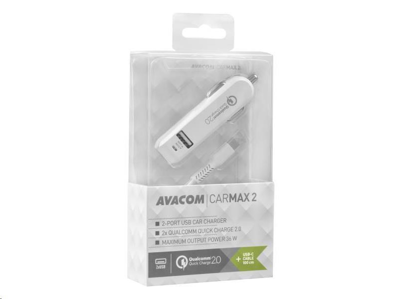 AVACOM CarMAX 2 nabíjačka do auta 2x Qualcomm Quick Charge 2.0,  biela (kábel USB-C)0 