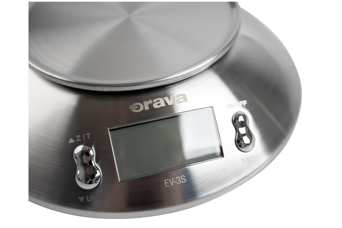 ORAVA EV-3 S digitální kuchyňská váha,  LCD displej,  přesnost 1 g,  funkce TARE,  nerez,  časovač4 